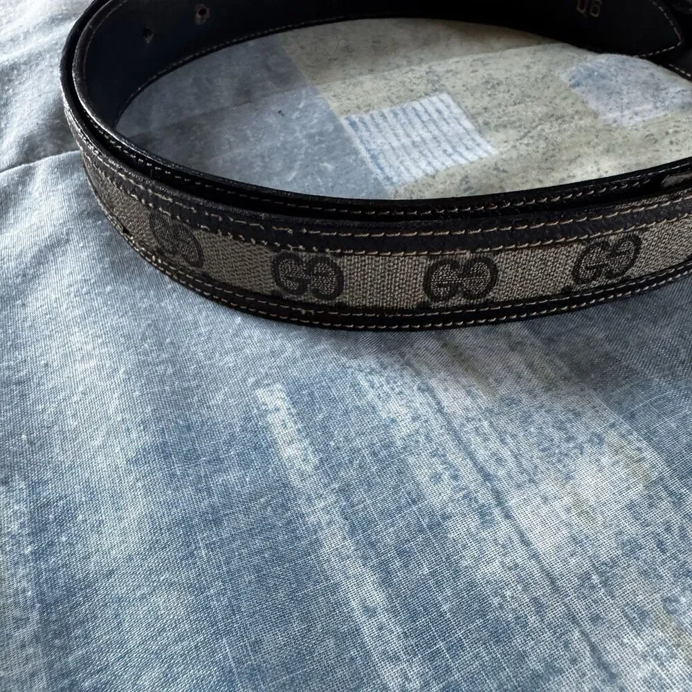 Gucci Dual Metal Monogram GG Leather Vintage Rare Canvas Dark Blue Belt Size 90